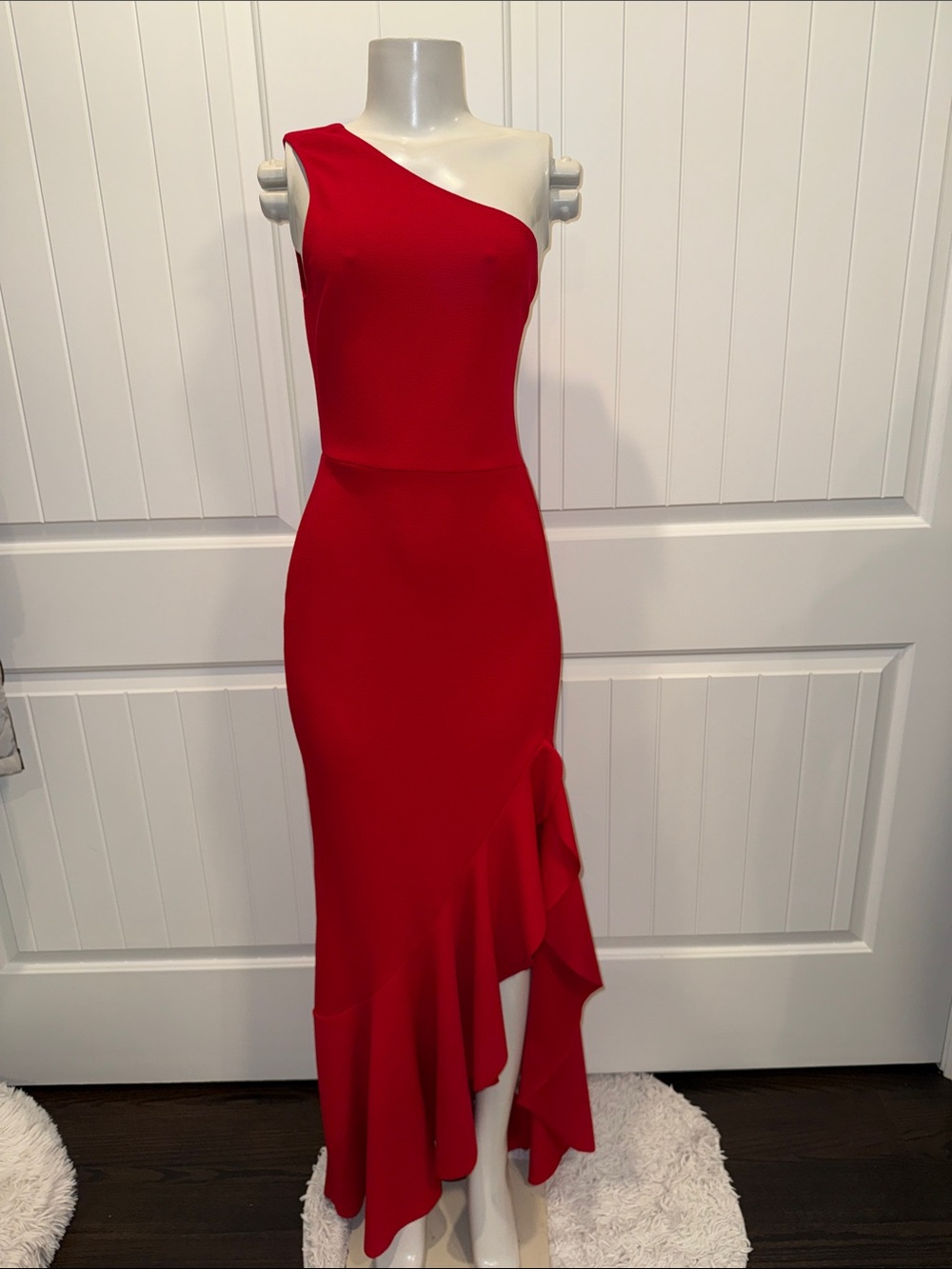 PrettyLittleThing One-Shoulder Red Ruffle Hem Dress